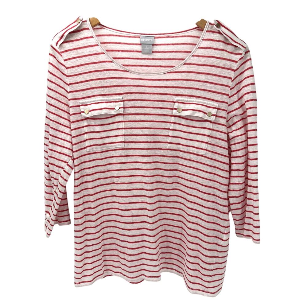 Chico's Linen Shirt‎ Womens Large White Coral Pink Striped Coastal Pullover